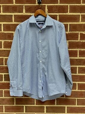 EUC Metropolitan View Slim Fit Plaid Checked Blue Collared Shirt 16 34/35